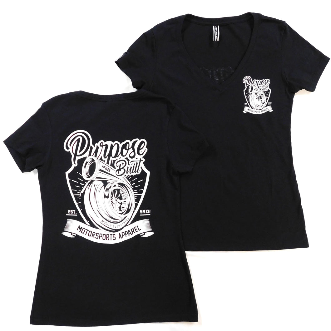PURPOSE BUILT TURBO T-SHIRT WOMENS V-NECK BLACK MOTORSPORTS APPAREL BOOSTED PURPOSE-BUILT BRAND