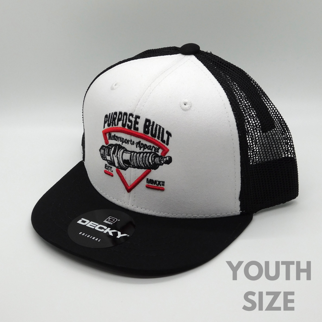 purpose built motorsports apparel youth kids snapback sparkplug black white red 