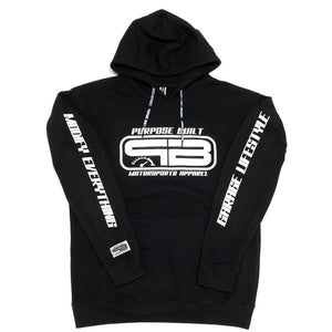 Purpose Built Motorsports Apparel turbo turbocharged terror boosted clothing silk screen printed woven label veteran owned lifestyle hoodie heavy weight garage modified modify everything hoodie pullover fleece black 